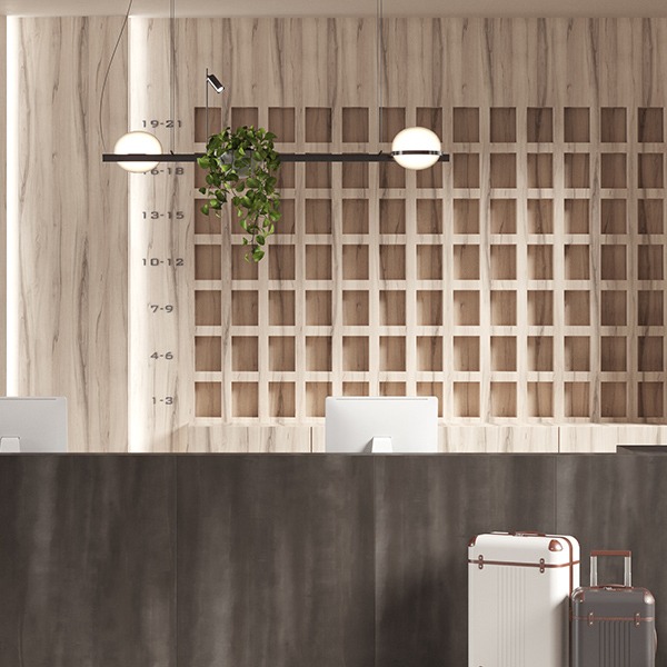 All the warmth of wood-inspired textures for a bright and welcoming lobby 