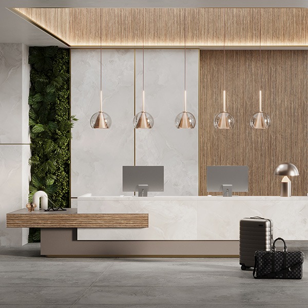 Nature and hybrid design compose a hotel lobby 