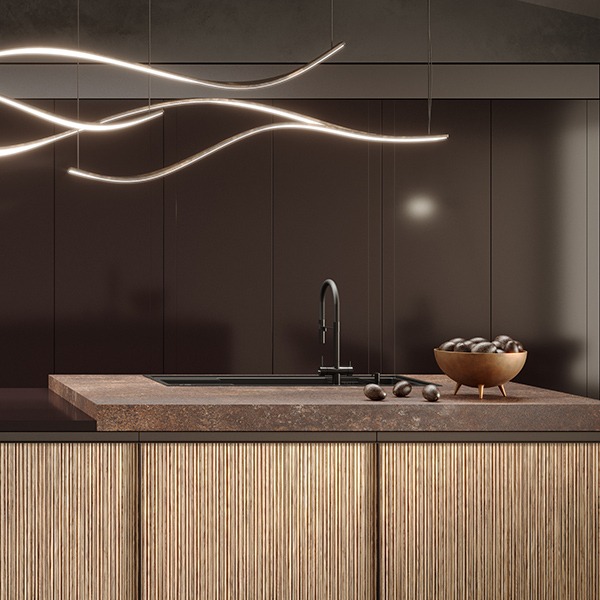 Kitchen surfaces: 4644 Caravella Light, 3514 Brera Red, 0759 Rosso Purjai