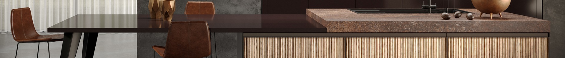 Kitchen surfaces: 4644 Caravella Light, 3514 Brera Red, 0759 Rosso Purjai