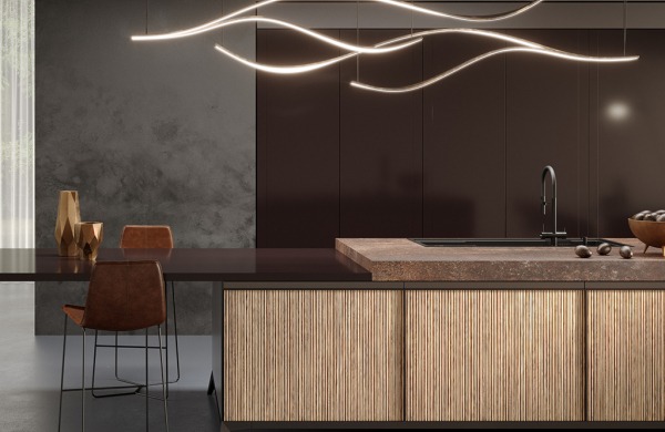 Kitchen surfaces: 4644 Caravella Light, 3514 Brera Red, 0759 Rosso Purjai